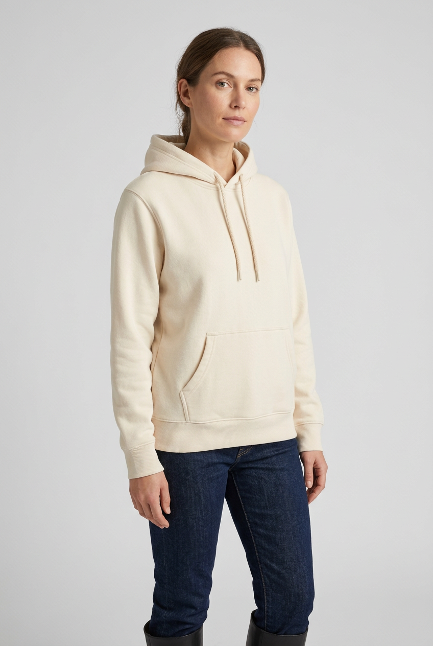 Female model wearing the cream pullover hoodie