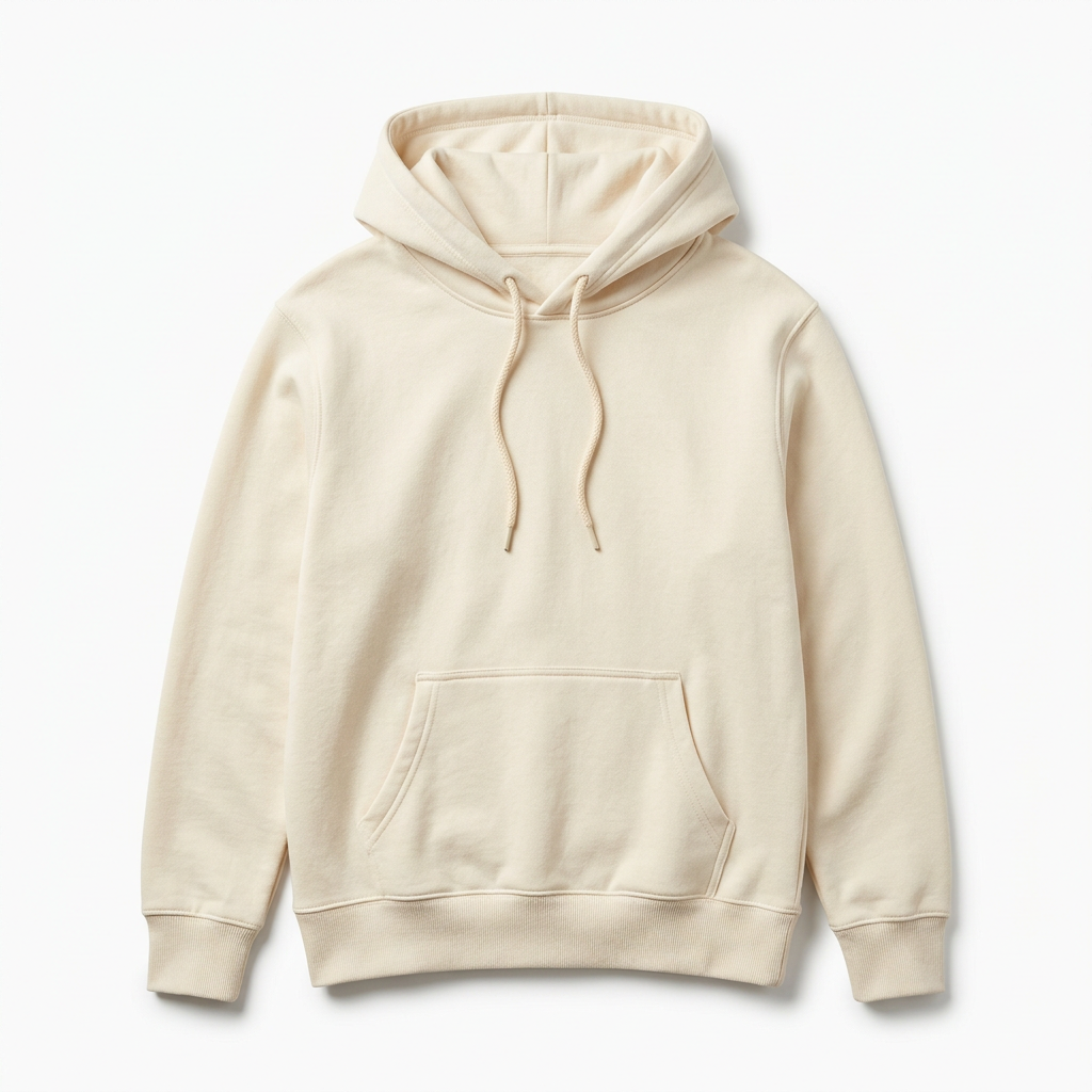 Cream pullover hoodie, front view