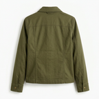 Olive green utility jacket, back view