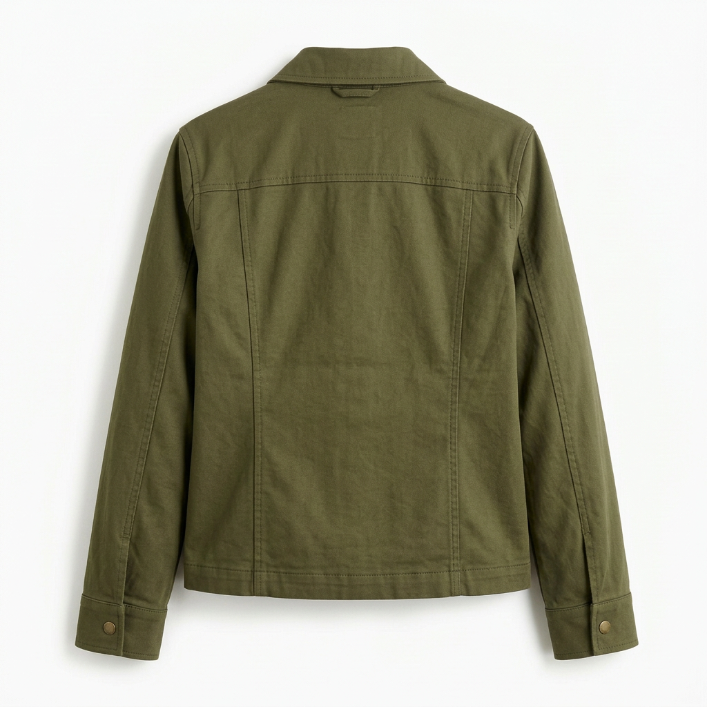 Olive green utility jacket, back view