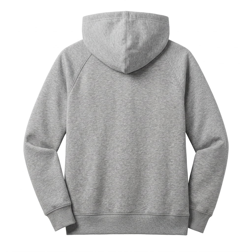 Heather gray pullover hoodie, back view