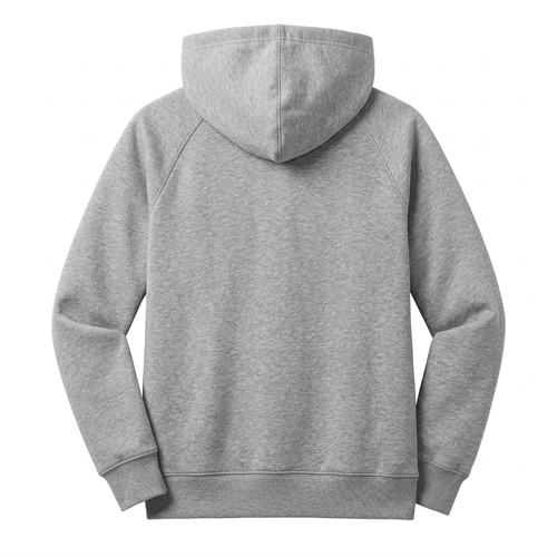 Heather gray pullover hoodie, back view