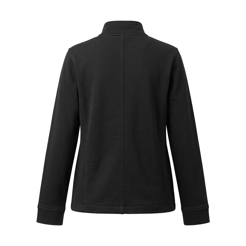 Black stand-collar jacket, back view