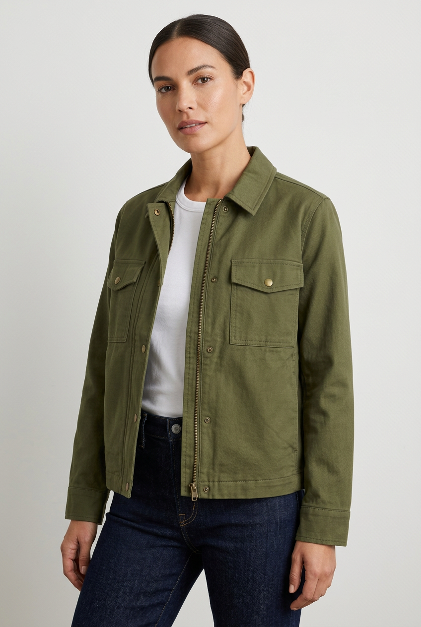 Female model wearing the olive green utility jacket