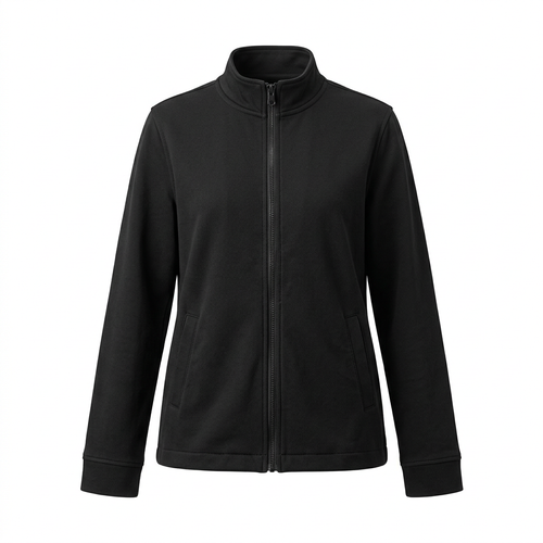Black stand-collar zip jacket, front view