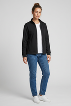 Female model wearing the black zip jacket