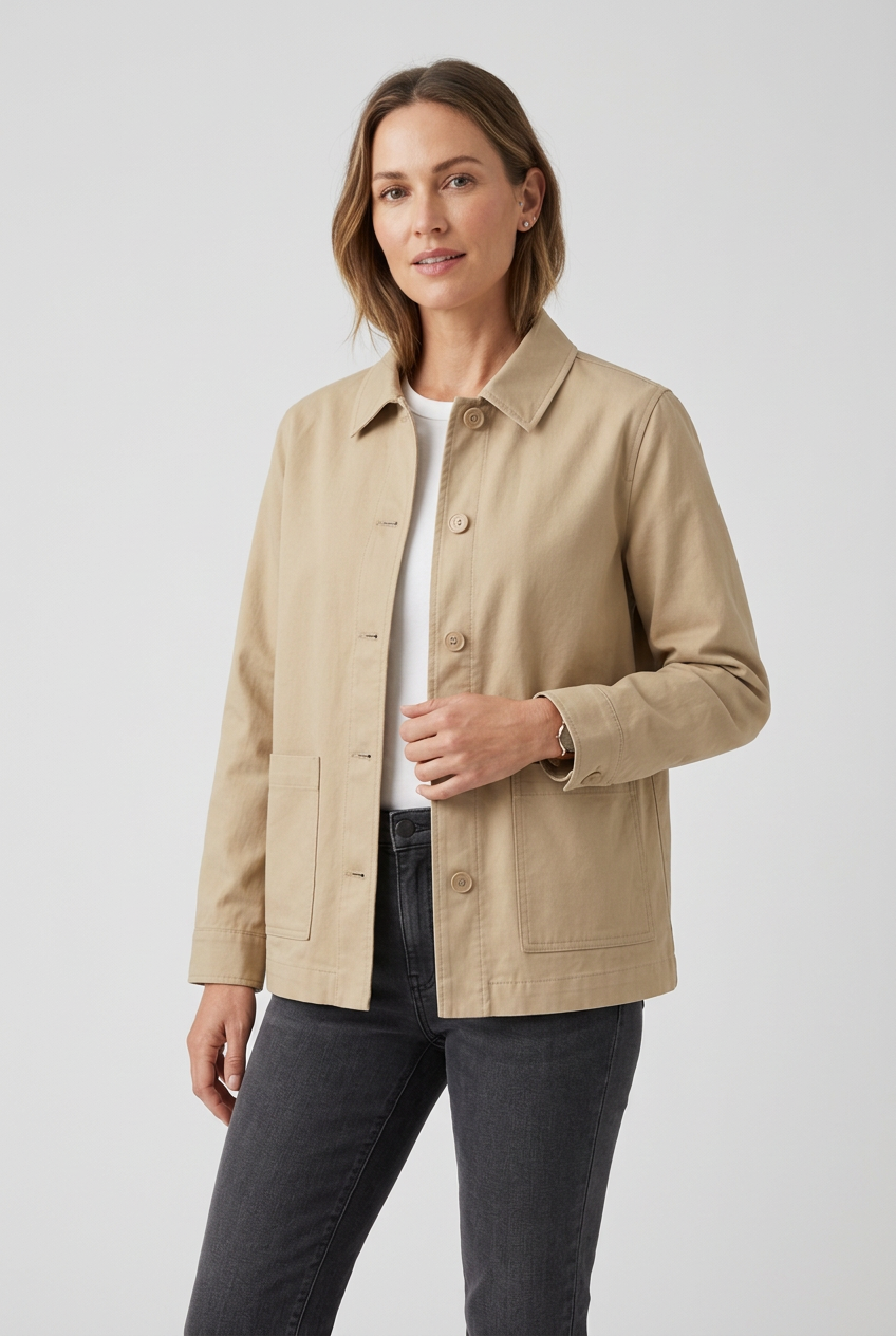 Female model wearing the beige jacket