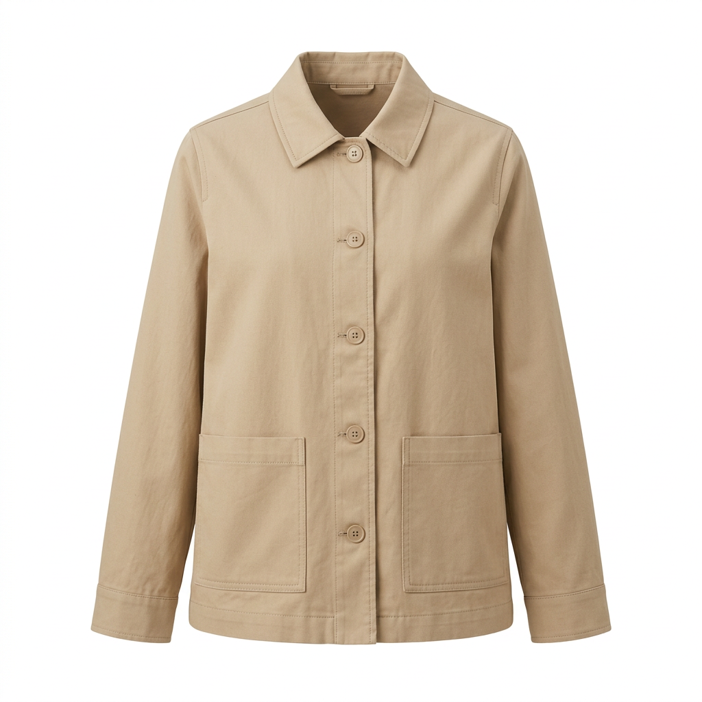 Beige button-front jacket, front view