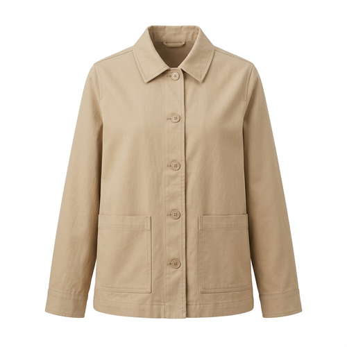 Beige button-front jacket, front view