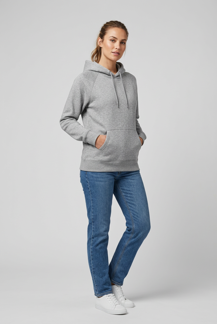 Female model wearing the heather gray pullover hoodie