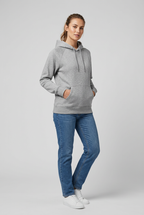 Female model wearing the heather gray pullover hoodie