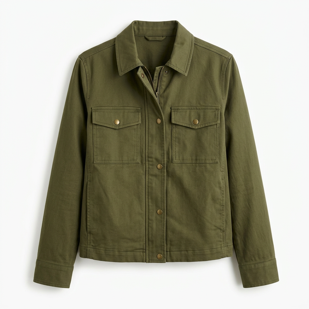 Olive green utility jacket, front view